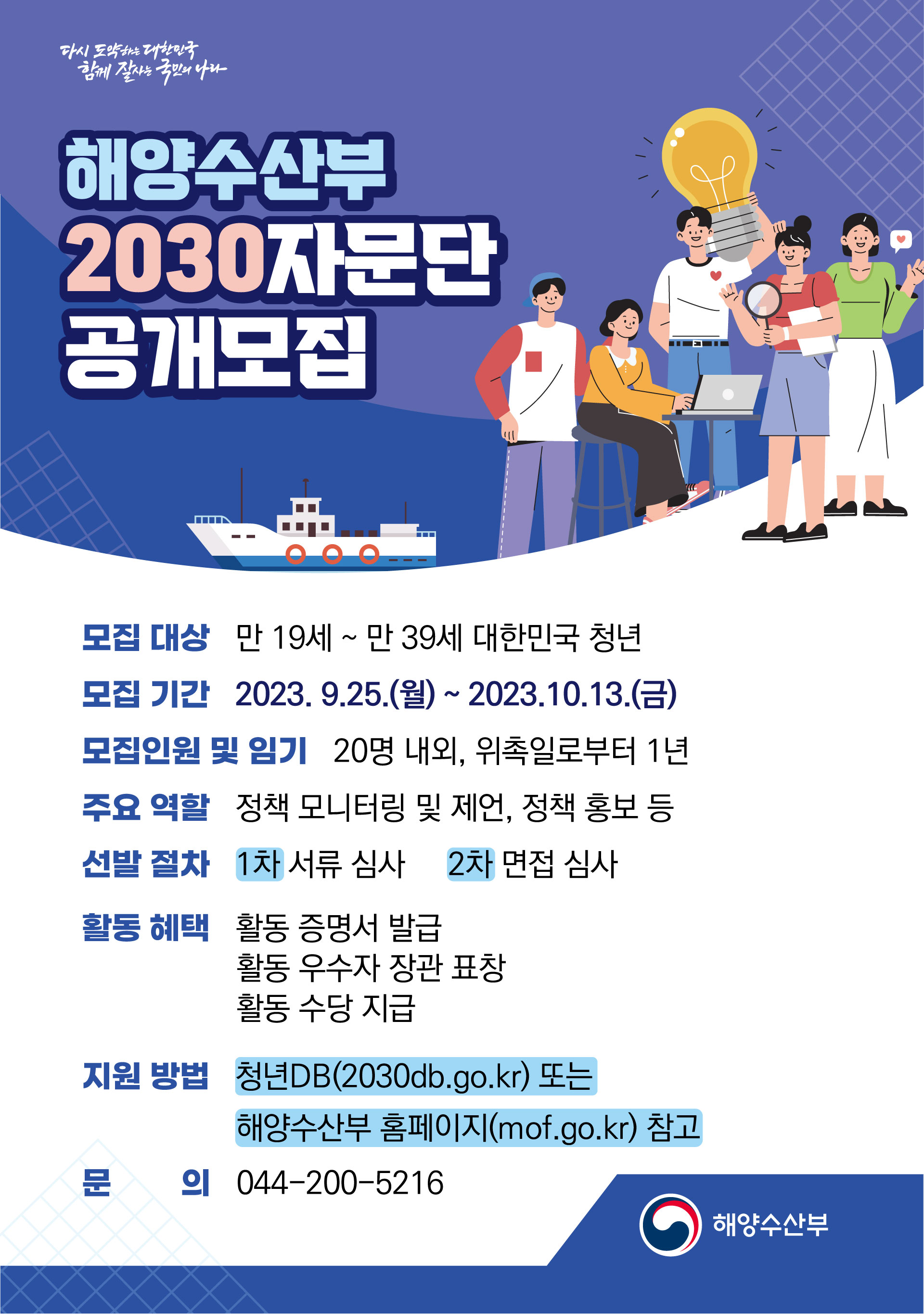 다시 도약하는 대한민국 함께 잘사는 국민의 나라 해양수산부 2030자문단 공개모집 모집 대상 만 19세 ~ 만 39세 대한민국 청년 모집 기간 2023. 9.25.(월) ~ 2023.10.13.(금) 모집인원 및 임기 20명 내외, 위촉일로부터 1년 주요 역할 정책 모니터링 및 제언, 정책 홍보 등 선발 절차 1차 서류 심사 2차 면접 심사 활동 혜택 활동 증명서 발급 활동 우수자 장관 표창 활동 수당 지급 지원 방법 청년DB(2030db.go.kr) 또는 해양수산부 홈페이지(mof.go.kr) 참고 문 의 044-200-5216 해양수산부