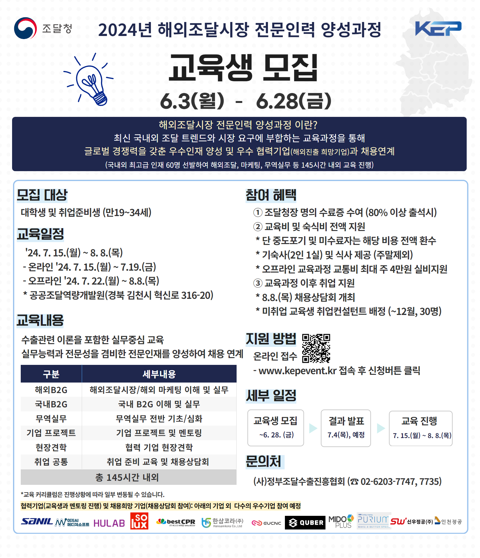 조달청 2024년 해외조달시장 전문인력 양성과정 KCP 교육생 모집 6.3(월) - 6.28(금) 해외조달시장 전문인력 양성과정 이란? 최신 국내외 조달 트렌드와 시장 요구에 부합하는 교육과정을 통해 글로벌 경쟁력을 갖춘 우수인재 양성 및 우수 협력기업(해외진출 희망기업)과 채용연계 (국내외 최고급 인재 60명 선발하여 해외조달, 마케팅, 무역실무 등 145시간 내외 교육 진행) 모집 대상 대학생 및 취업준비생(만19~34세) 교육일정 '24.7.15.(월) ~ 8.8.(목) - 온라인 '24.7.15.(월) ~ 7.19.(금) - 오프라인 '24.7.22.(월) ~ 8.8.(목) * 공공조달역량개발원(경북 김천시 혁신로 316-20) 교육내용 수출관련 이론을 포함한 실무중심 교육 실무능력과 전문성을 겸비한 전문인재를 양성하여 채용 연계 구분 세부내용 해외B2G 해외조달시장/해외 마케팅 이해 및 실무 국내B2G 국내 B2G 이해 및 실무 무역실무 무역실무 전반 기초/심화 기업 프로젝트 기업 프로젝트 및 멘토링 현장견학 협력 기업 현장견학 취업 공통 취업 준비 교육 및 채용상담회 총 145시간 내외 * 교육 커리큘럼은 진행상황에 따라 일부 변동될 수 있습니다. 참여 혜택 ①조달청장 명의 수료증 수여(80% 이상 출석시) ③교육비 및 숙식비 전액 지원 * 단 중도포기 및 미수료자는 해당 비용 전액 환수 * 기숙사(2인 1실) 및 식사 제공(주말제외) * 오프라인 교육과정 교통비 최대 주 4만원 실비지원 ③교육과정 이후 취업 지원 * 8.8.(목) 채용상담회 개최 * 미취업 교육생 취업컨설턴트 배정(~12월,30명) 지원 방법 온라인 접수 QR 코드 - www.kepevent.kr 접속 후 신청버튼 클릭 세부 일정 교육생 모집 ~6.28.(금) 결과 발표 7.4(목), 예정 교육 진행 7.15.(월) ~ 8.8.(목) 문의처 (사)정부조달수출진흥협회(☎ 02-6203-7747, 7735) 협력기업(교육생과 멘토링 진행) 및 채용희망 기업(채용상담회 참여) : 아래의 기업 외 다수의 우수기업 참여 예정 SANIL 이지AI메디치소프트 HULAB solux bestCPR(주)베스트 씨피알 www.AED.kr 한삼코라(주) Hansamkora Co.,Ltd EVCNC QUBER MIDOPLUS PURIUM SW 신우정공(주) 인천정공