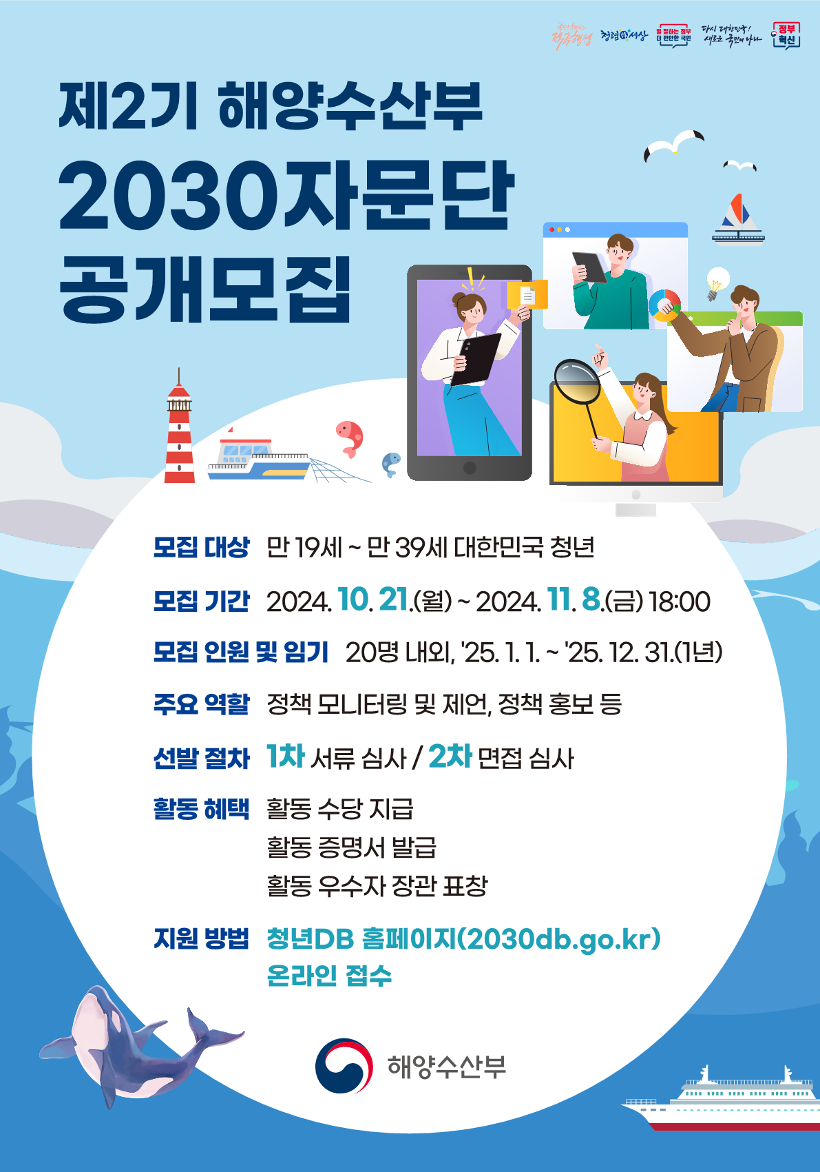 제2기 해양수산부 2030자문단 공개모집 모집 대상 만 19세 ~ 만 39세 대한민국 청년 모집 기간 2024.10.21.(월) ~ 2024.11.8.(금) 18:00 모집 인원 및 임기 20명 내외, '25.1.1. ~ '25.12.31.(1년) 주요 역할 정책 모니터링 및 제언, 정책 홍보 등 선발 절차 1차 서류 심사 / 2차 면접 심사 활동 혜택 활동 수당 지급 활동 증명서 발급 활동 우수자 장관 표창 지원 방법 청년DB 홈페이지(2030db.go.kr) 온라인 접수 해양수산부