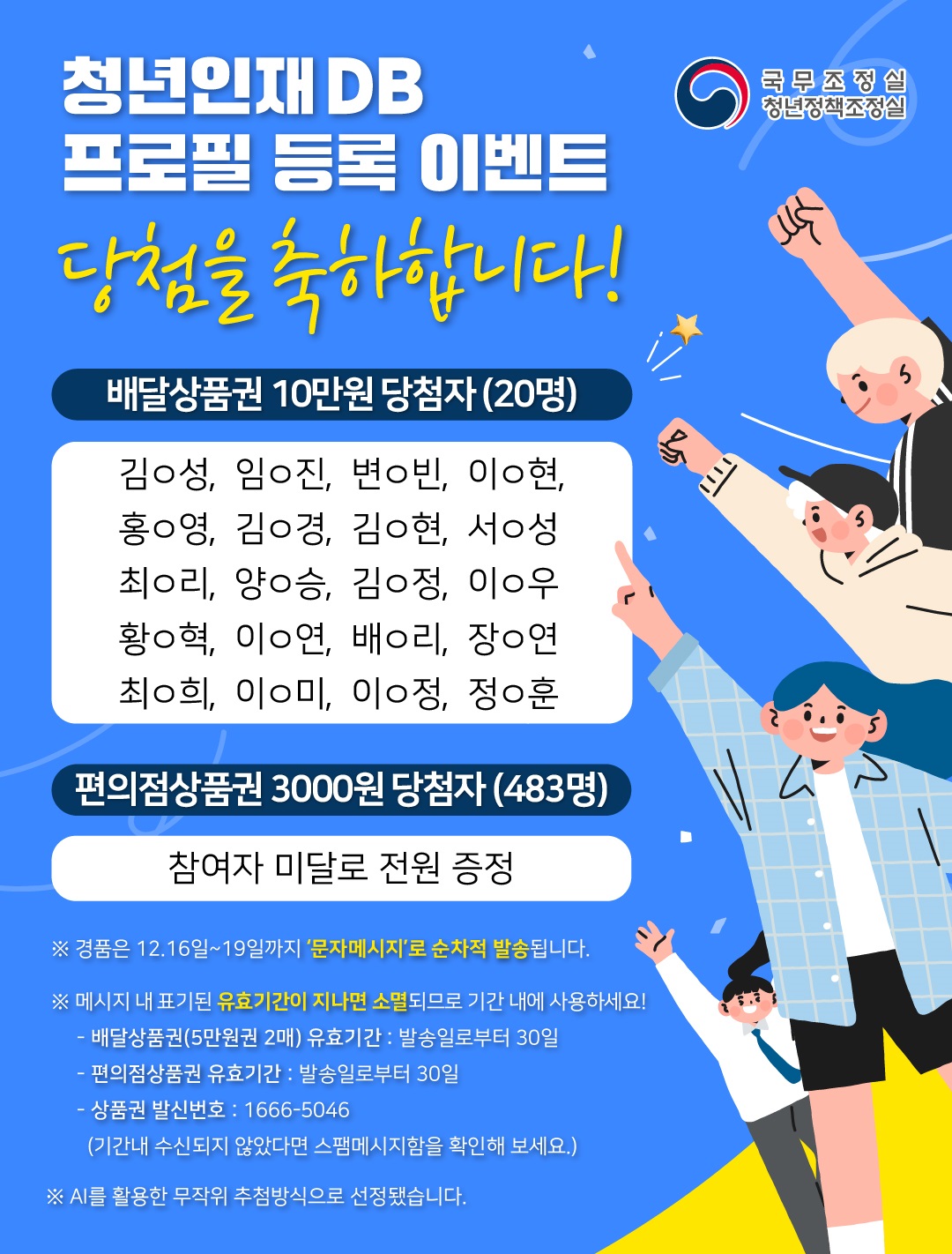청년인재DB 프로필 등록 이벤트 당첨을 축하합니다. 배달상품권 10만원 당첨자(20명), 편의점 상품권 3000원 당첨자(483명)