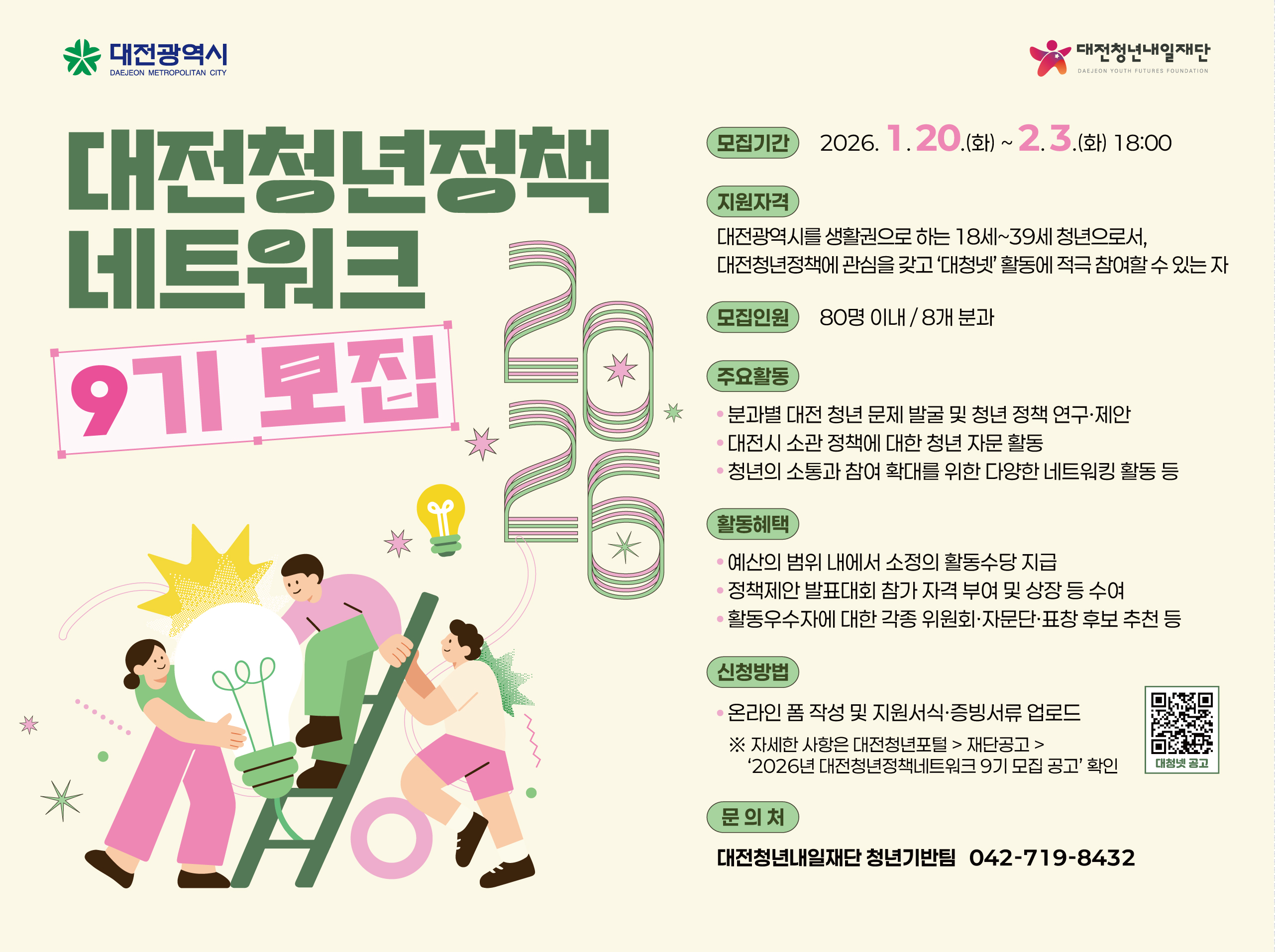 2026년 대전청년정책네트워크 9기 모집 (모집기간) 2026. 1. 20.(화) ~ 2. 3.(화) 18:00 (지원자격) 대전광역시를 생활권으로 하는 18세~39세 청년으로서 대전 청년 정책에 관심을 갖고 `대청넷' 활동에 적극 참여할 수 있는 자 (모집인원) 80명 이내 (주요활동) 분과별 대전 청년 문제 발굴 및 청년 정책 연구제안 대전시 소관 정책에 대한 청년 자문 활동 청년의 소통과 참여 확대를 위한 다양한 네트워크 활동 등 (활동혜택) 예산의 범위 내에서 소정의 활동수당 지급 정책제안 발표대회 참여 자격 부여 및 상장 등 수여 활동우수자에 대해 각종 위원회 및 자문단, 표창 후보 추천 등 (신청방법) 온라인 폼 작성 및 지원서식, 증빙서류 업로드 ※ 자세한 사항은 대전청년포털 - 재단공고 - 2026년 대전청년정책네트워크 9기 모집 공고 확인 (문의처) 대전청년내일재단 청년기반팀 042-719-8432