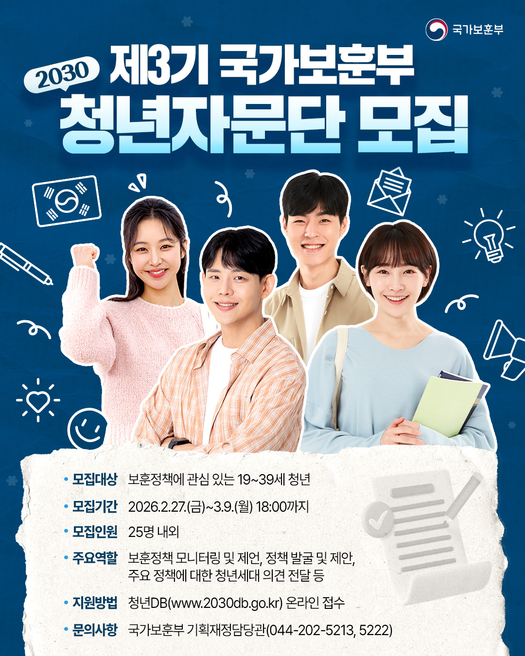 제3기 국가보훈부 2030청년자문단 모집 모집대상 보훈정책에 관심 있는 19~39세 청년 모집기간 2026.2.27.(금)~3.9.(월) 18:00까지 모집인원 25명 내외 주요역할 보훈정책 모니터링 및 제언, 정책발굴 및 제안, 주요 정책에 대한 청년세대 의견 전달 등 지원방법 청년DB(www.2030db.go.kr) 온라인 접수 문의사항 국가보훈부 기획재정담당관(044-202-5213, 5222)