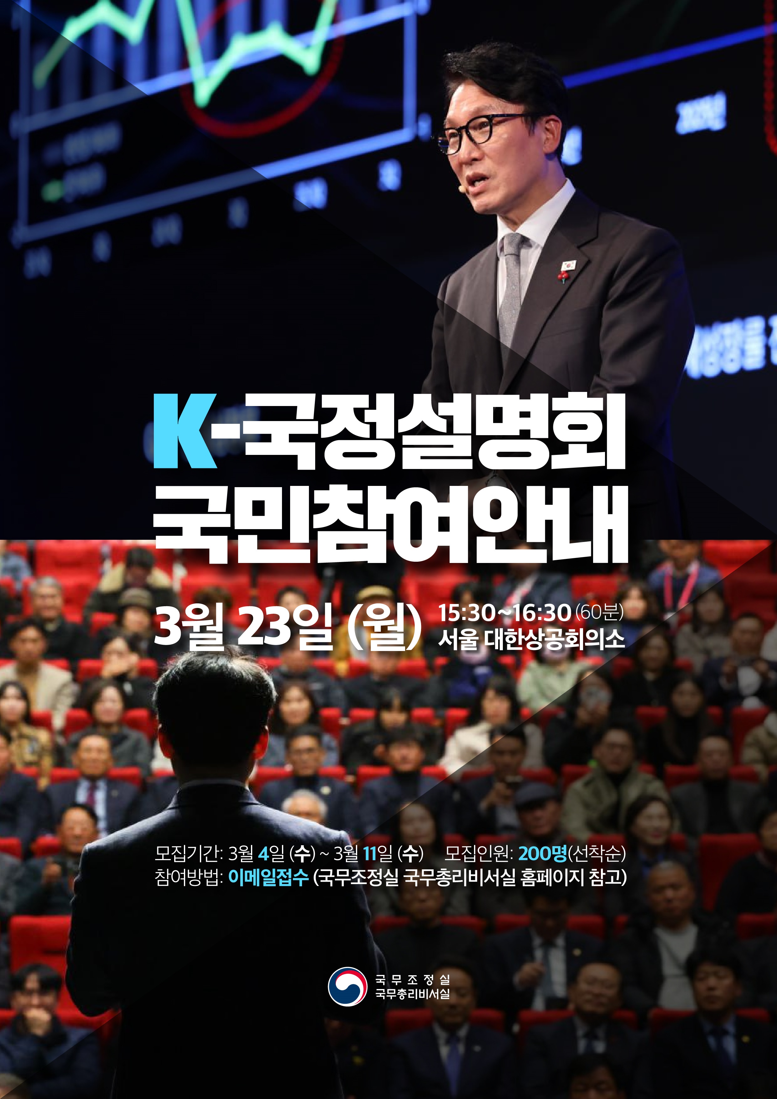 K-국정설명회 국민참여안내 3.23(월) ㅇ 일시 : 3.23일 15:30~16:30(60분) ※ 현장 K-TV 생중계(희망시 개인 유튜브 생중계 가능)  ㅇ 모집인원 : 200명(선착순) ㅇ 모집기간 : 3.4일~3.11일 참여방법 : 이메일접수 (국무조정실 국무총리비서실 홈페이지 참고) 국무조정실 국무총리비서실