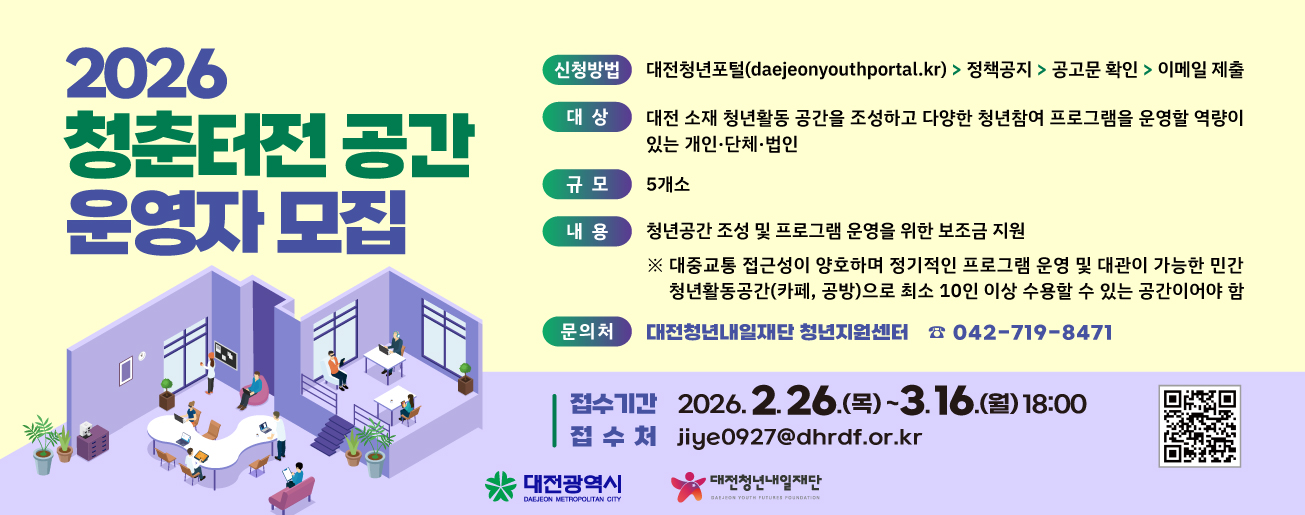 ○ 공 고 명 : 2026년 청춘터전 신규 운영자 모집공고 ○ 신청대상 : 대전 소재 청년활동 공간을 조성하고 다양한 청년참여 프로그램을 운영할 역량이 있는 개인·단체·법인 ○ 모집기간 : 2026. 2. 26.(목) ~ 3. 16.(월) 18:00 ○ 모집규모 : 5개소 ○ 신청방법 : 이메일 제출 ※ 대전청년포털 「정책공지」 게시판 확인 ○ 접 수 처 : jiye0927@dhrdf.or.kr ○ 관련문의 : 대전청년내일재단 청년지원센터(☎042-719-8471)