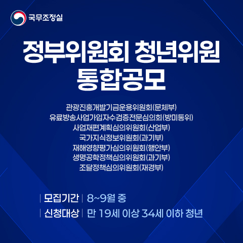 국무조정실 정부위원회 청년위원 통합공모 관광진흥개발기금운용위원회(문체부) 유료방송사업가입자수검증전문심의회(방미통위) 사업재편계획심의위원회(산업부) 국가지식정보위원회(과기부) 재해영향평가심의위원회(행안부) 생명공학정책심의위원회(과기부) 조달정책심의위원회(재경부) 모집기간 8 ~ 9월 중 신청대상 만 19세이상 34세이하 청년